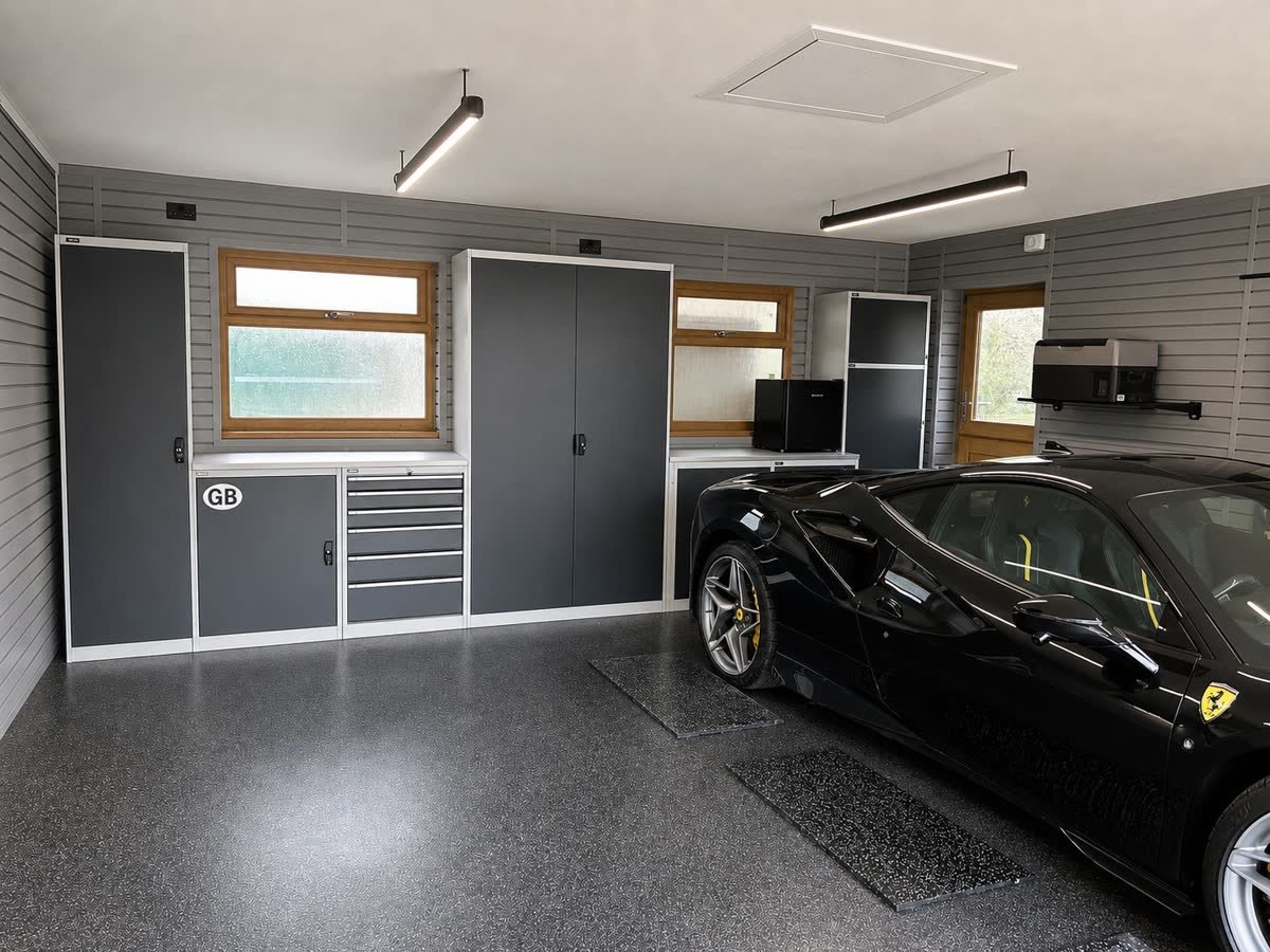 Luxury garage storage fitout with premium flooring and lighting