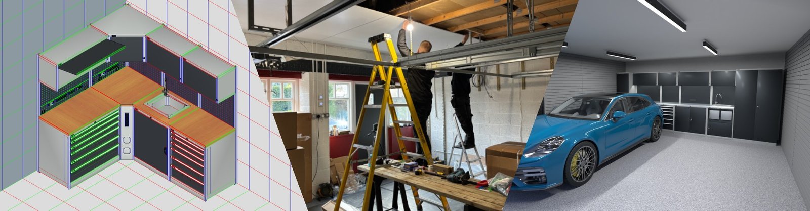 Our Process banner: CAD design, installation, and finished luxury garage