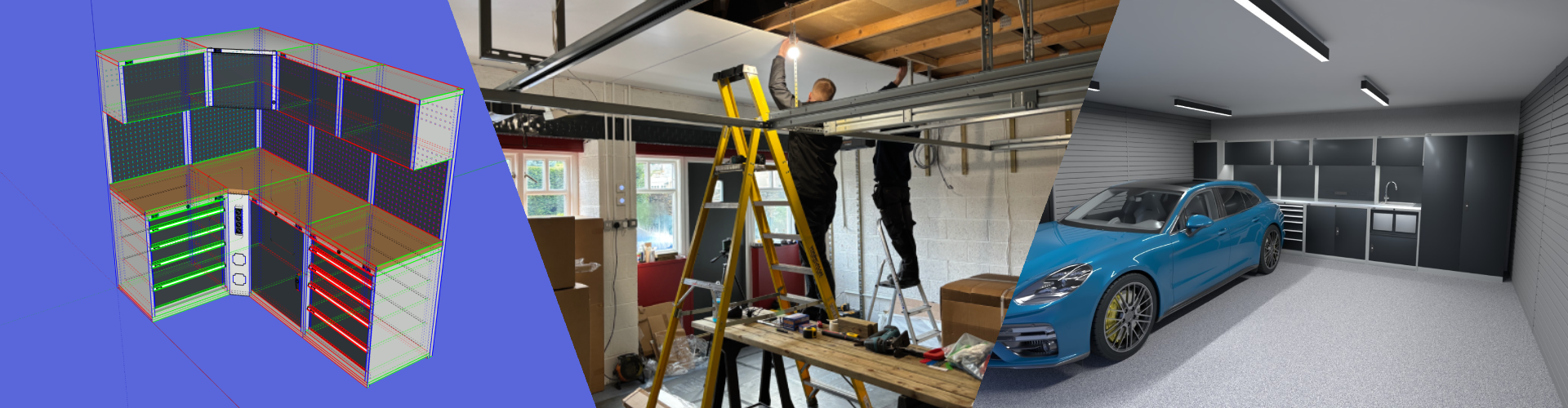 Luxury garage service banner with three-panel highlights